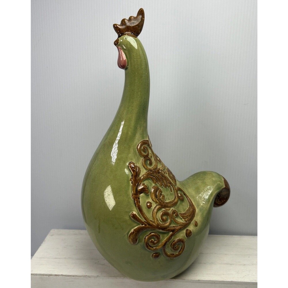 Vintage 80s Green Ceramic Rooster Figurine Raised Brown Scrollwork Farmhouse